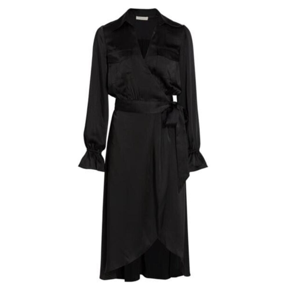 NWT Ramy Brook Laney Wrap Dress Size 8 Black Satin Tie Waist Button Cuffs $495